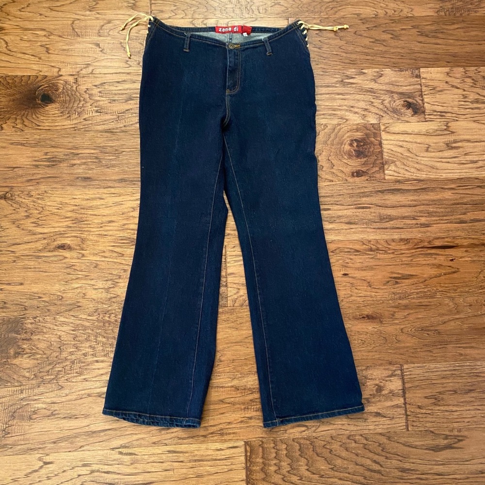 Zana Di Flare Jeans Womens 16 Blue Dark Wash Side Lace Up Y2K Stretch Denim